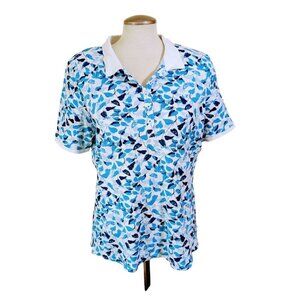 Northern Reflections Womans XL Polo Shirt Blue Leaf Print Short Sleeve Golf